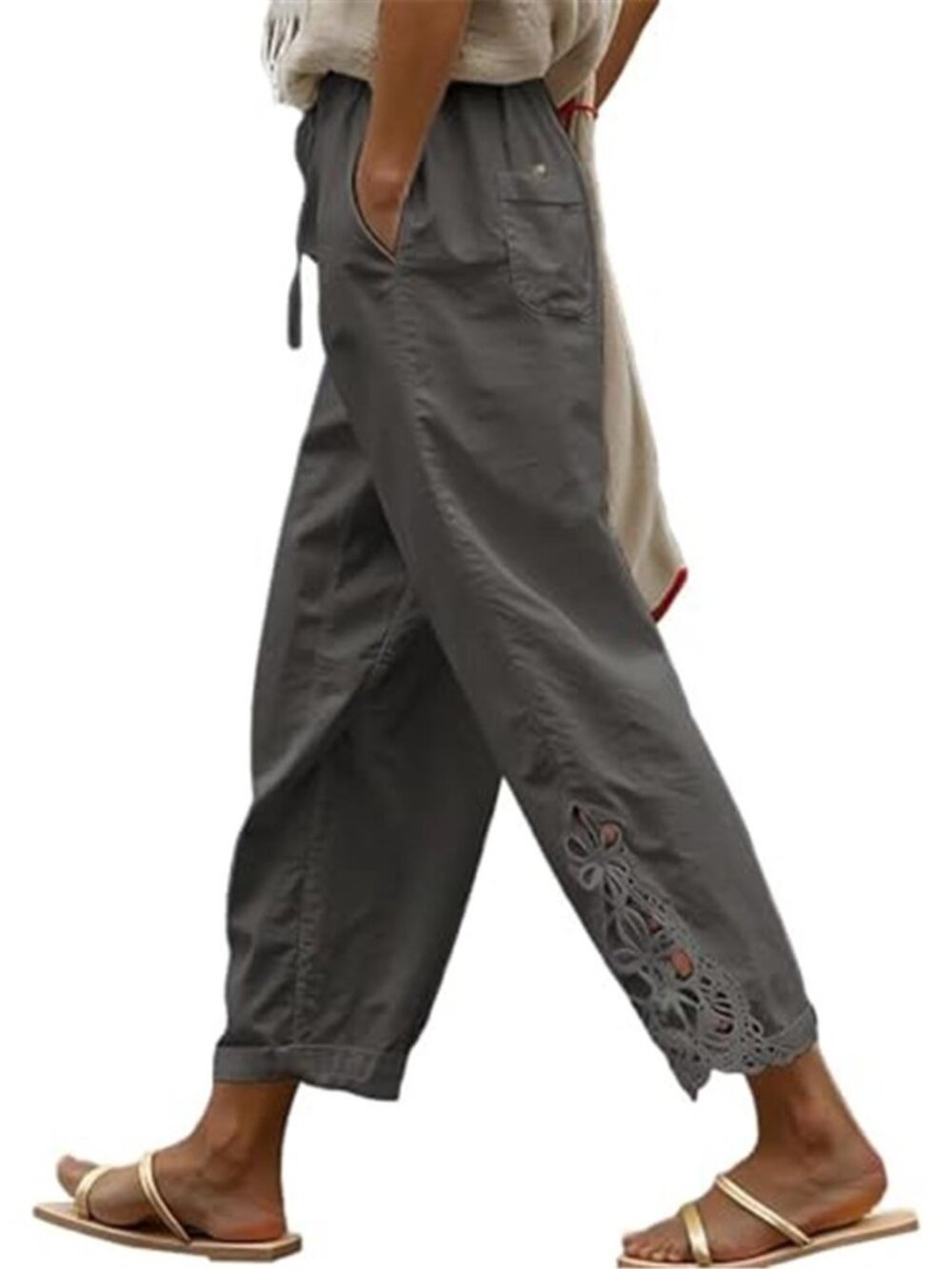 Womens Cotton Linen Drawstring Pants Casual Beach Wide Leg Summer Relaxed Fit